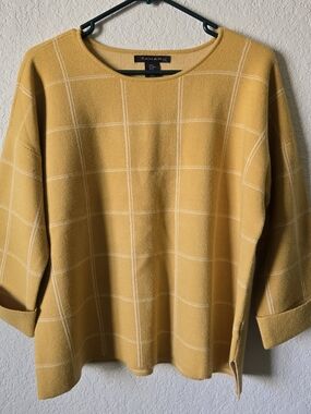 Tahari Mustard Windowpane Knit Sweater